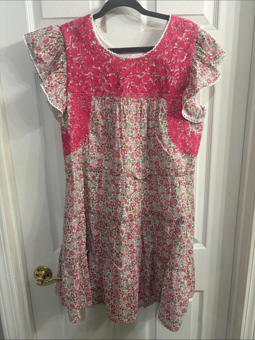 Floral Pink Cotton Casual Dress with Lace-Trim Yoke